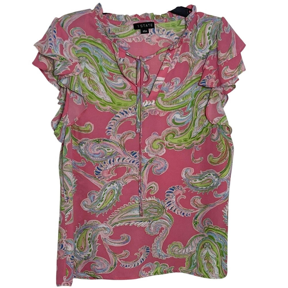 1.STATE Pink Paisley Boho Blouse Women's Lightweight Flutter Sleeve Peasant Top